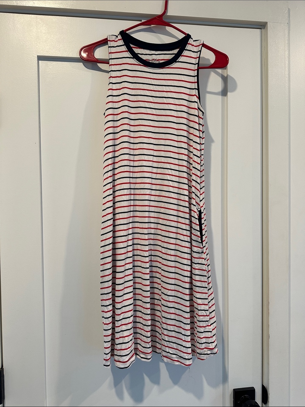 Women’s Striped Sleeveless Swing Dress in White, Navy & Red